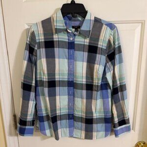 Talbots Cotton Plaid Shirt Cozy Blue Tartan Button Down Cabin Core Rustic Preppy